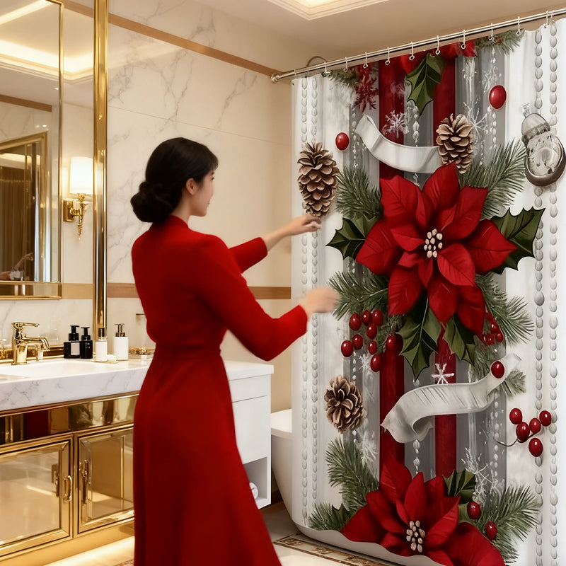 🎄Weihnachten 50% Rabatt 🎉Weihnachtsroter Druck Feiertags-Duschvorhang
