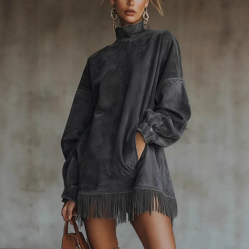 💖 Black Friday 50% Rabatt für eine begrenzte Zeit 🔥Lässiges Rollkragenkleid mit Tasche und Fransenbesatz