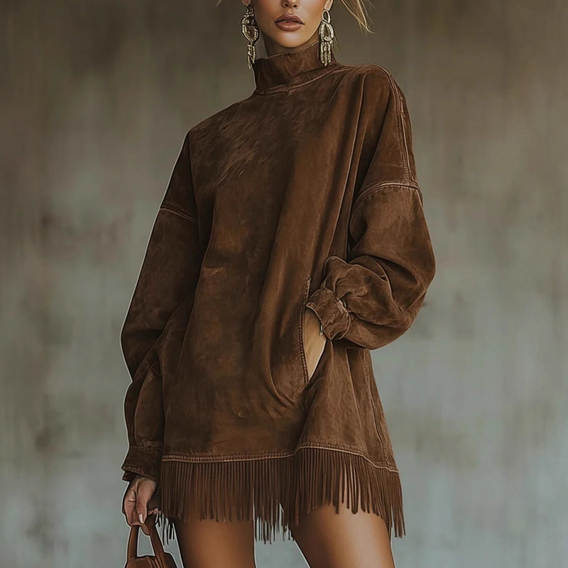 💖 Black Friday 50% Rabatt für eine begrenzte Zeit 🔥Lässiges Rollkragenkleid mit Tasche und Fransenbesatz