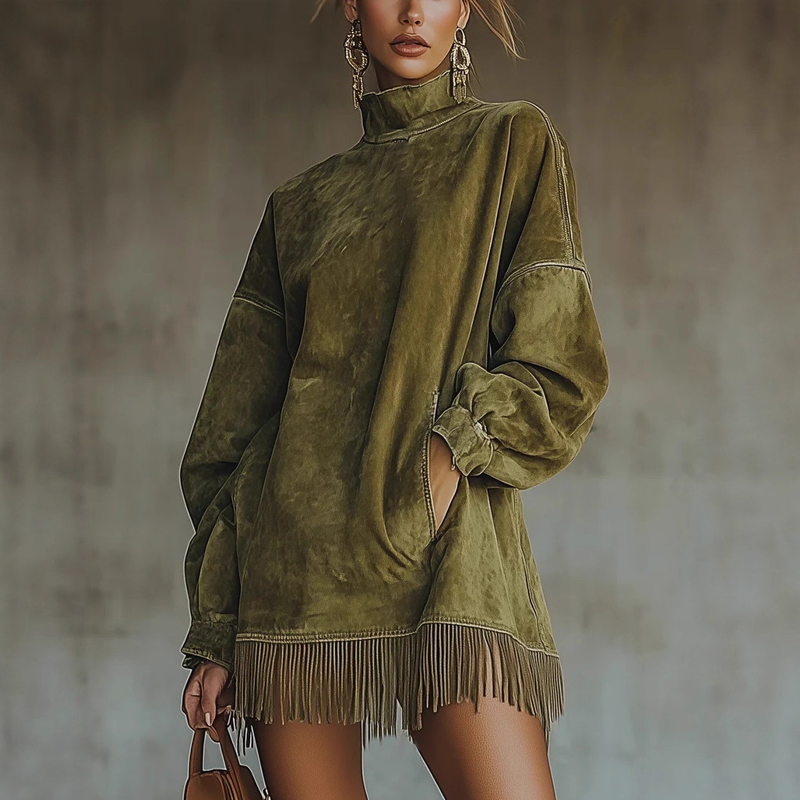 💖 Black Friday 50% Rabatt für eine begrenzte Zeit 🔥Lässiges Rollkragenkleid mit Tasche und Fransenbesatz