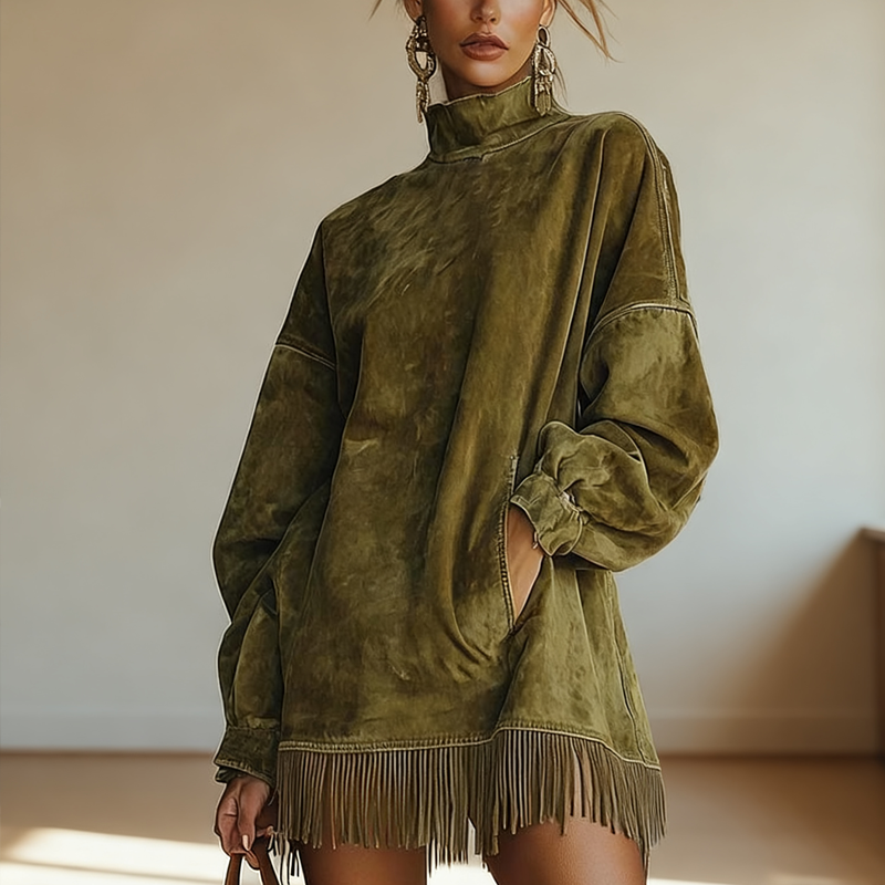 💖 Black Friday 50% Rabatt für eine begrenzte Zeit 🔥Lässiges Rollkragenkleid mit Tasche und Fransenbesatz