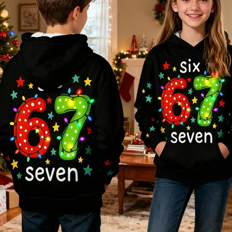 ⌛ Nur noch 3 Tage – 50 % auf alles! ⏰Kinder Weihnachts-Kapuzenpullover mit „67“ Grafik-Print