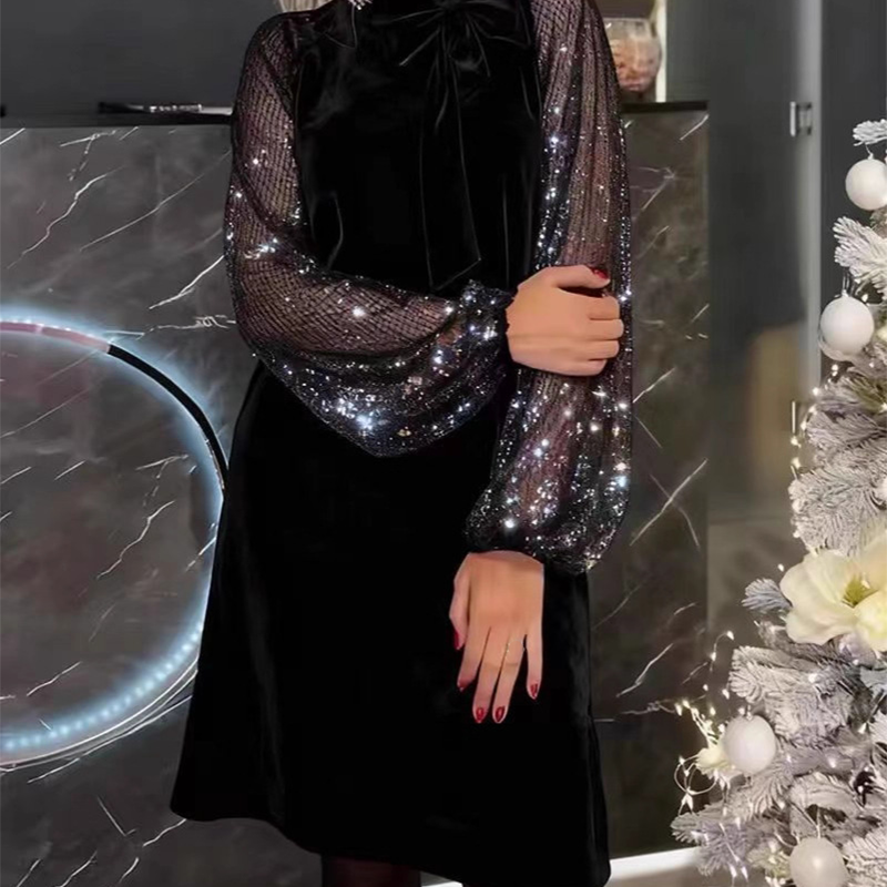 Damen Paillettenkleid mit Schleife am Kragen