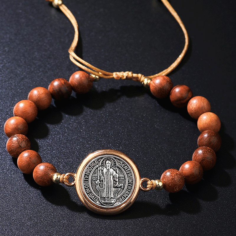 🛡️Ein treuer Begleiter für Schutzgeister✨Armband aus Naturholzperlen mit St.-Benedikt-Motiv🎁Verstellbar, für Damen und Herren geeignet