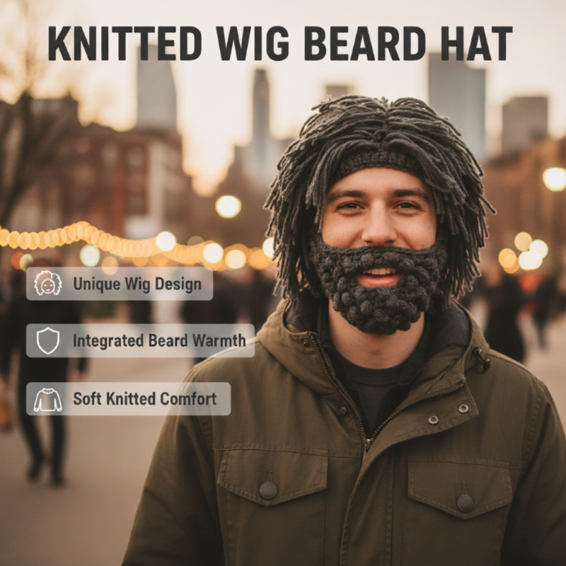 📢📢50 %  RABATT !! ⏰Punk-Style-Hut mit angebrachter einfacher Perücke und gestrickter Bart