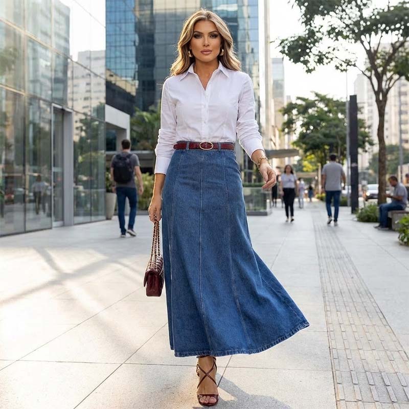 👗 57% RABATT! ✨ Damen-Maxirock aus Denim mit Hoher Taille – A-Linien-Schnitt, Dehnbarer Komfort & Vielseitiger Style 👖