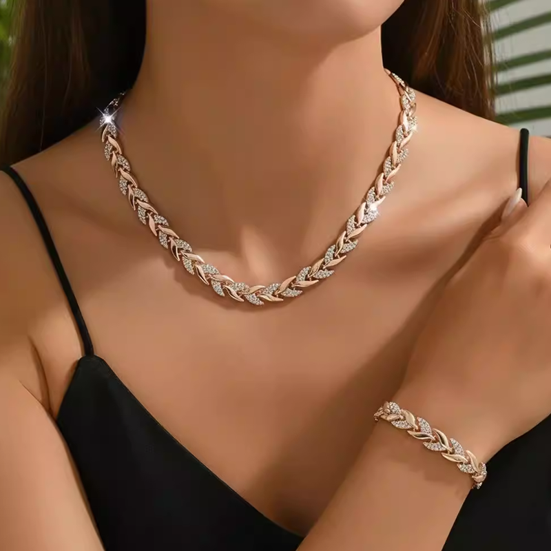 💎 60% RABATT! 💎 Verstellbares Halsketten- & Armband-Set im Blatt-Design mit Strass – Eleganz aus der Natur, Funkelglanz für jeden Anlass ✨🌿