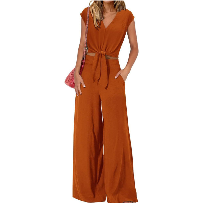 👚 60% RABATT! 💃 Damen V-Ausschnitt Top mit Bindegürtel & Weite Hosen Set – Fließender Stoff, Elastischer Bund & Stylischer Look 🩳