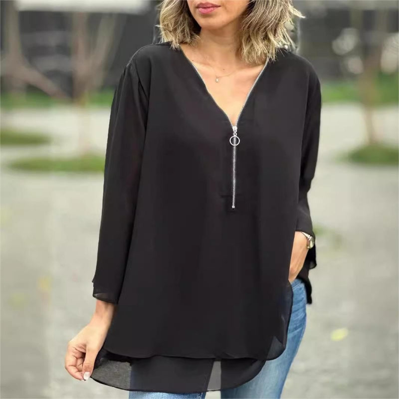 🌞Frühlingserwachen: 58% Rabatt!✨Damen Doppelschichtiges 3/4-Ärmel Top – V-Ausschnitt mit verstellbarem Metallreißverschluss