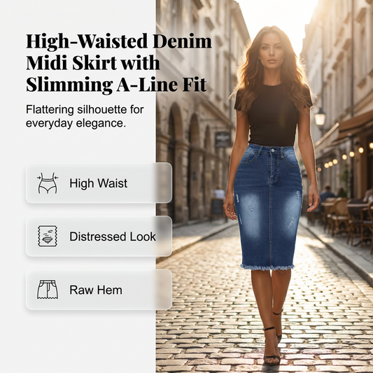 💎 -50% DAMEN JEANSROCK MIT HOHER TAILLE! 💎 Ausgefranster Saum, A-Linien-Schnitt & Stretch-Komfort – Der ultimative Vintage-Begleiter