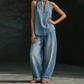 💎 -50% AUF DAS 2-TEILIGE JEANS-SET! 💎 Retro Stonewash, Neckholder-Top & Weite Hose für Damen👖✨