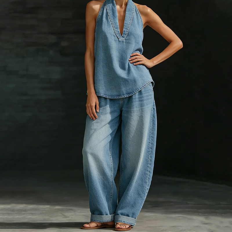 💎 -50% AUF DAS 2-TEILIGE JEANS-SET! 💎 Retro Stonewash, Neckholder-Top & Weite Hose für Damen👖✨