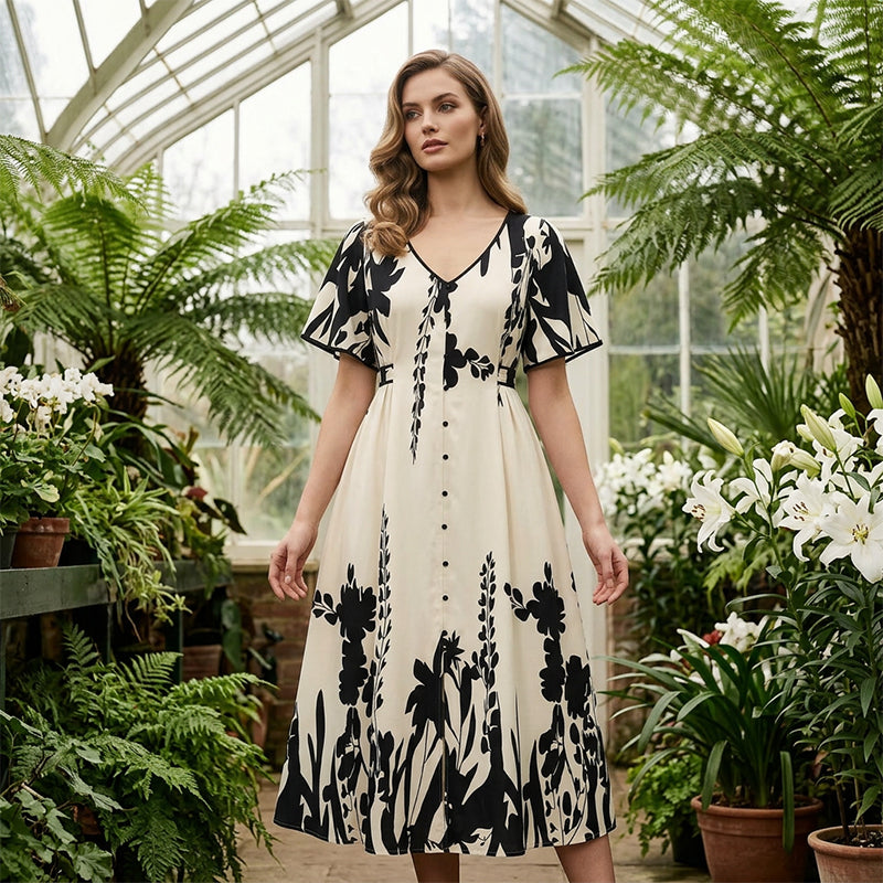 💎 -50% AUF DAS BOTANIK-KLEID! 💎 V-Ausschnitt, A-Linie & Flatterärmel für elegante Leichtigkeit ✨