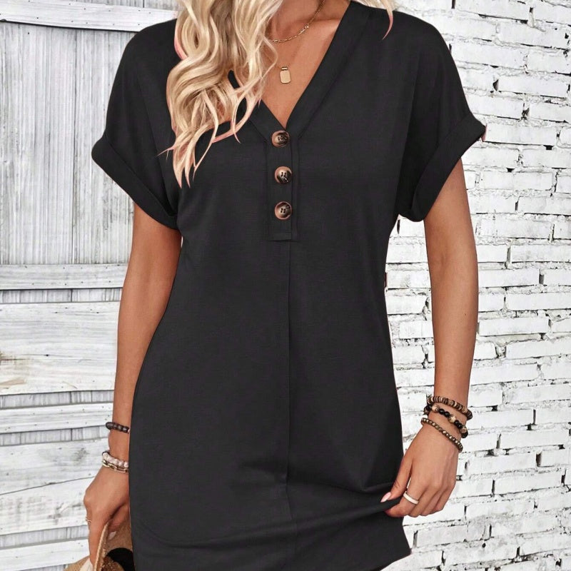 👗🌺 50% RABATT! Frauen modisches Kleid mit einfarbiger Knopfleiste & Nackenrollen-Hülle – Elegant, zeitlos & perfekt für festliche Anlässe ✨