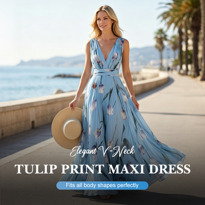 👗 50% RABATT! 🌼 Elegantes V-Ausschnitt Maxikleid mit Tulpenprint – Zeitlos, feminin, leicht & luftig – perfekt für Sommer, Urlaub oder besondere Anlässe ✨