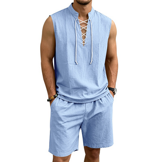 ⏳ 50% RABATT! Herren Leinen-Set: Ärmelloses Oberteil & Shorts mit Schnürung – Atmungsaktiv & stylisch für den Sommer 🌿👕