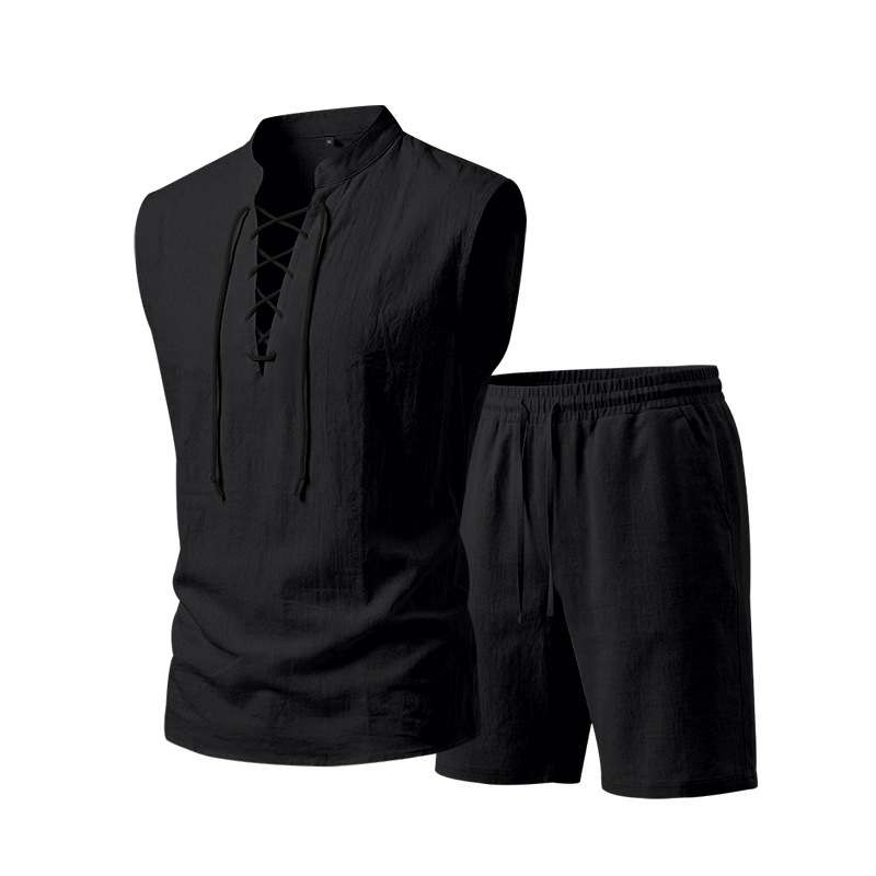 ⏳ 50% RABATT! Herren Leinen-Set: Ärmelloses Oberteil & Shorts mit Schnürung – Atmungsaktiv & stylisch für den Sommer 🌿👕