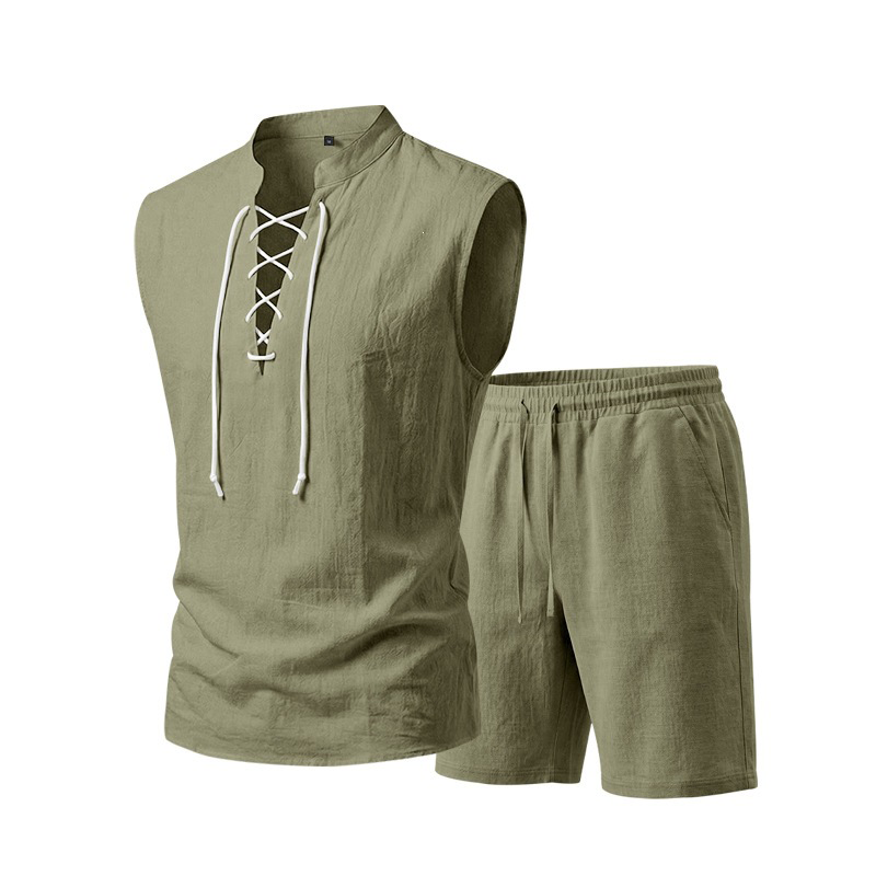 ⏳ 50% RABATT! Herren Leinen-Set: Ärmelloses Oberteil & Shorts mit Schnürung – Atmungsaktiv & stylisch für den Sommer 🌿👕