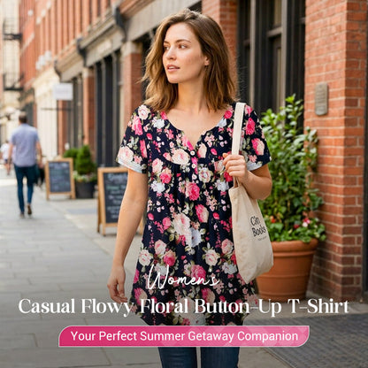 👚 50% RABATT! 🌸 Leicht fließendes Damen-Shirt mit Blumendruck & Knopfleiste – Luftig & vielseitig – Perfekt für Alltag, Freizeit oder warme Sommertage – bequemer Style mit femininer Note ✨
