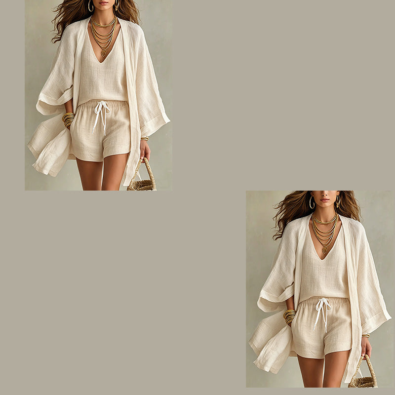 🤍 3-teiliges Freizeit-Set für Damen ✨ Loungewear mit Tunika, Top & Shorts – luftiges Homewear für Urlaub & Alltag