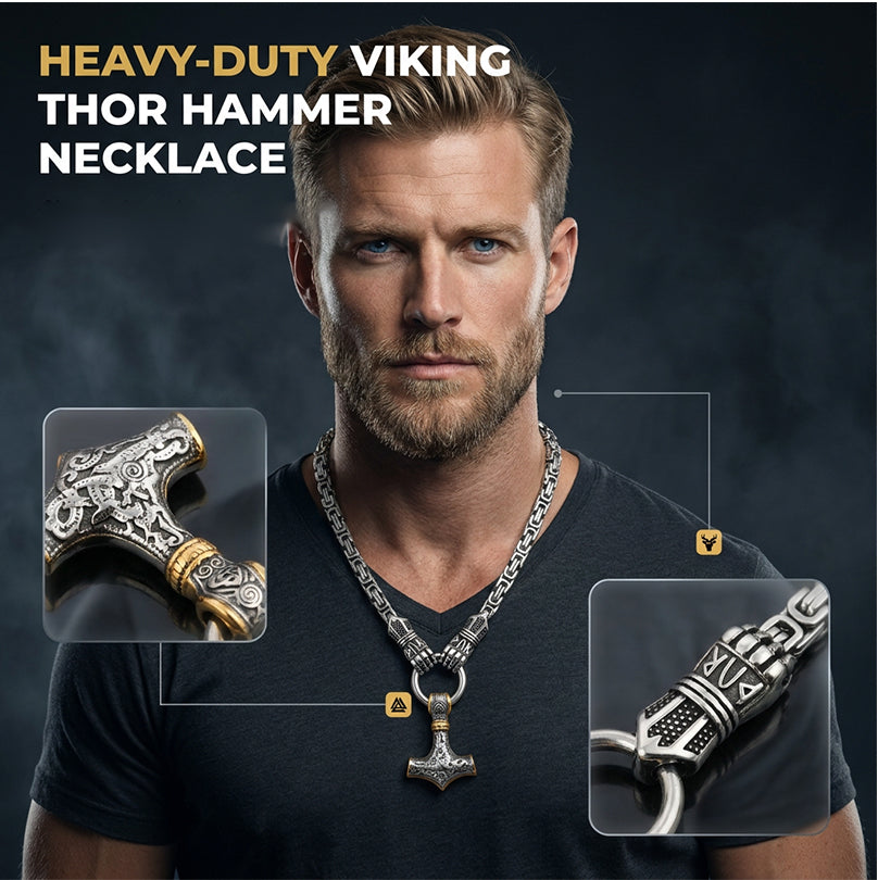 🔥 50% RABATT | Wikinger Thor Hammer Halskette – Edelstahl Byzantinische Kette | Silber & Gold | 60–70 cm ⚡