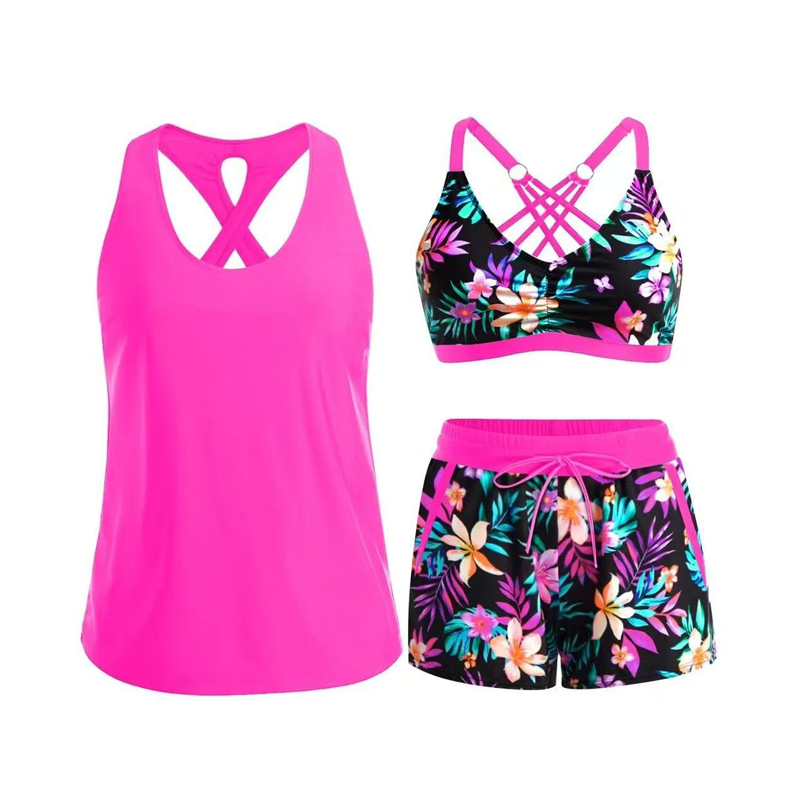 🌊 50 % RABATT FÜR BEGRENZTE ZEIT! 👙 Plus Size 3-teiliges Badeset – Tankini Top, Neckholder Bikini & Palmenprint Badeshorts, figurfreundlich für Strand & Pool