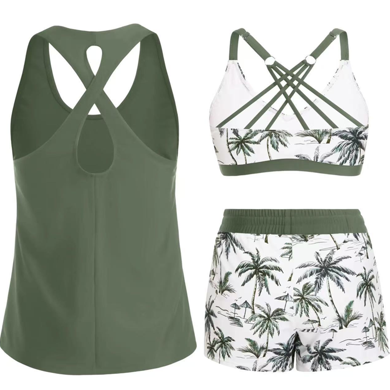 🌊 50 % RABATT FÜR BEGRENZTE ZEIT! 👙 Plus Size 3-teiliges Badeset – Tankini Top, Neckholder Bikini & Palmenprint Badeshorts, figurfreundlich für Strand & Pool