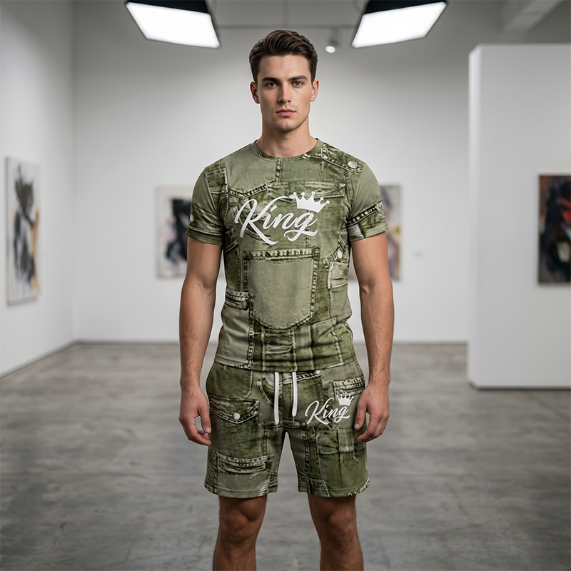 🔥 NUR SOLANGE DER VORRAT REICHT – 50% RABATT! 🎉 Herren Sportset mit Kunstdenim Print – Kurzarm T-Shirt + Cargo Shorts, elastischer Stoff für Fitness, Laufen & Alltag