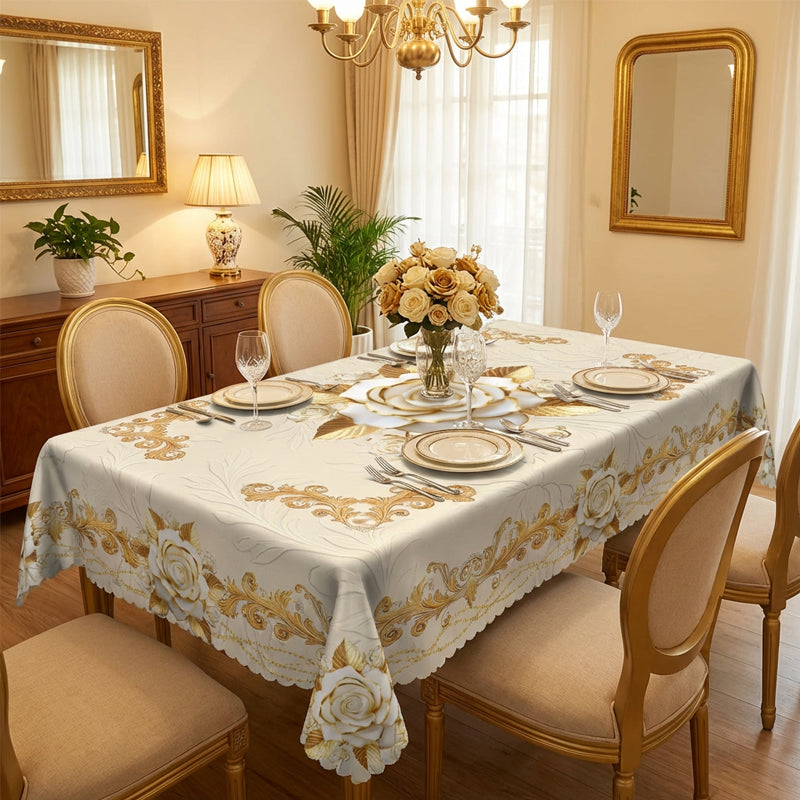 🛍️Elegantes Tischdecken-Set mit Rose & goldgeprägtem Muster – wasserdicht, ölbeständig & stilvoll – ideal für Esstisch, Couchtisch & Wohnzimmer 🌹