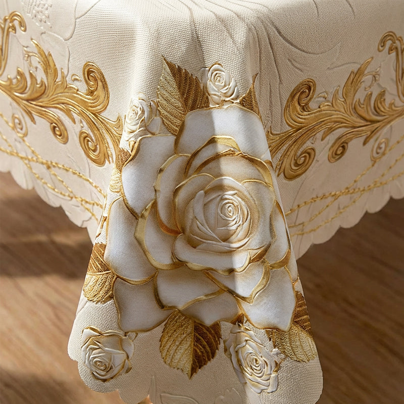 🛍️Elegantes Tischdecken-Set mit Rose & goldgeprägtem Muster – wasserdicht, ölbeständig & stilvoll – ideal für Esstisch, Couchtisch & Wohnzimmer 🌹
