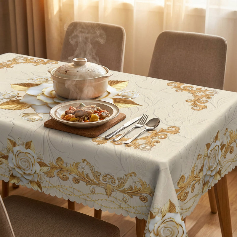 🛍️Elegantes Tischdecken-Set mit Rose & goldgeprägtem Muster – wasserdicht, ölbeständig & stilvoll – ideal für Esstisch, Couchtisch & Wohnzimmer 🌹