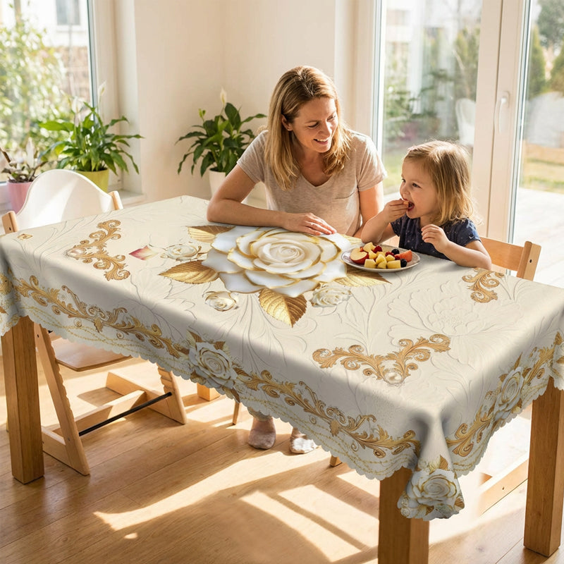 🛍️Elegantes Tischdecken-Set mit Rose & goldgeprägtem Muster – wasserdicht, ölbeständig & stilvoll – ideal für Esstisch, Couchtisch & Wohnzimmer 🌹