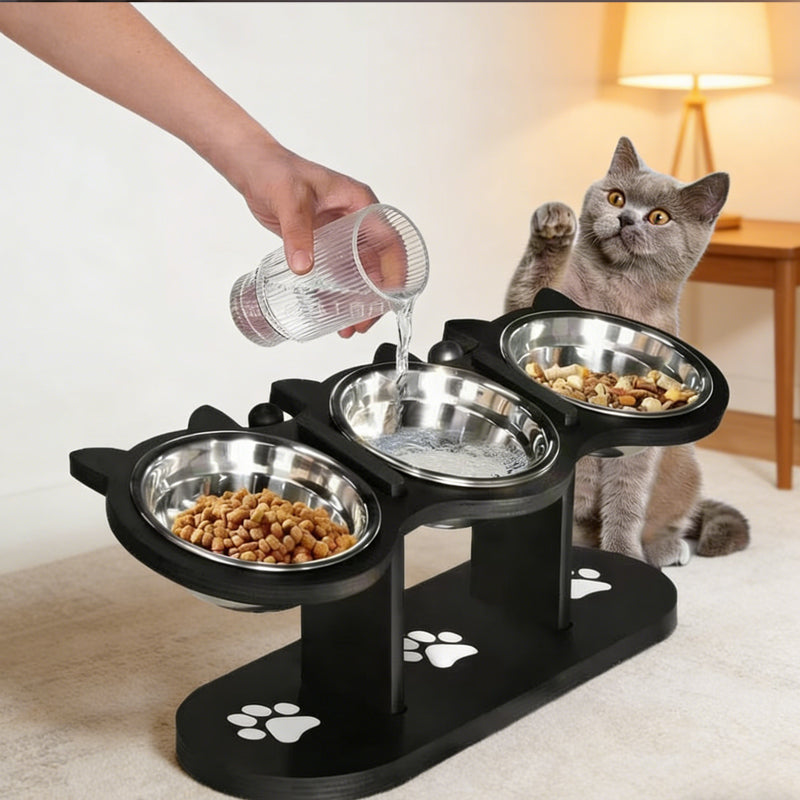 🐾 🍽️ Rutschfester erhöhter Futtertrog mit 3 Schalen – Stabil, höhenverstellbar & leicht zu reinigen – Ideal für Hunde & Katzen – Fördert gesunde Haltung 🐕