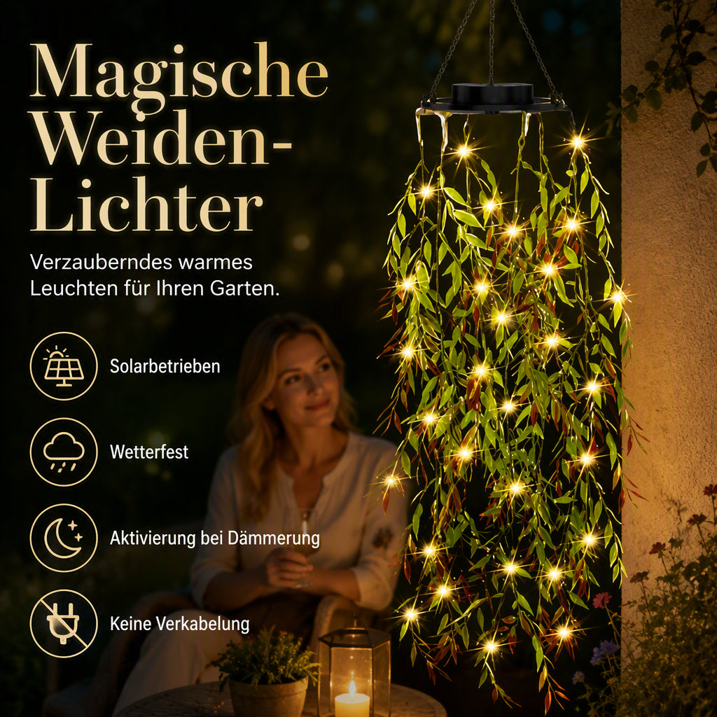🌿 50% RABATT! 💡 Solar-Hängelichterkette Weidenblatt – Solarbetrieben, wasserdicht & warmes Licht – Perfekte Garten- & Terrassen-Deko für gemütliche Abende 🌙