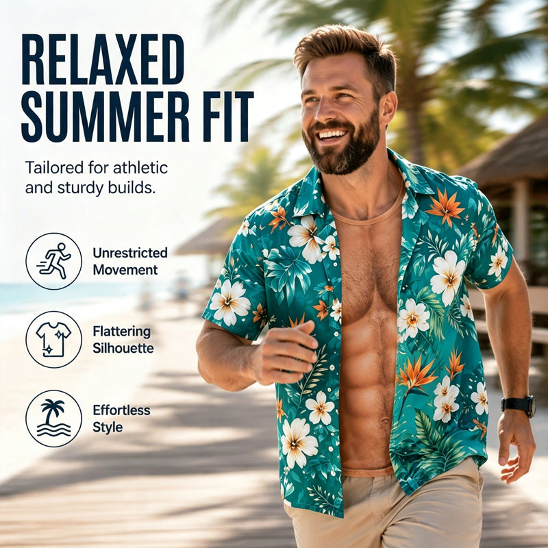 Herren Hawaii-Hemd Tropischer Blumendruck Kurzarm Lässiges Strand-Knopfhemd