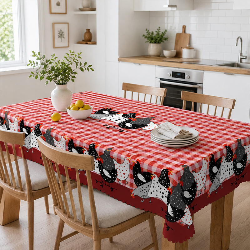 📢📢JETZT 50 % RABATT!! ⏰Tischdecke im Landhausstil mit rotem Karomuster & farbenfrohem Hahn-Print  🐓