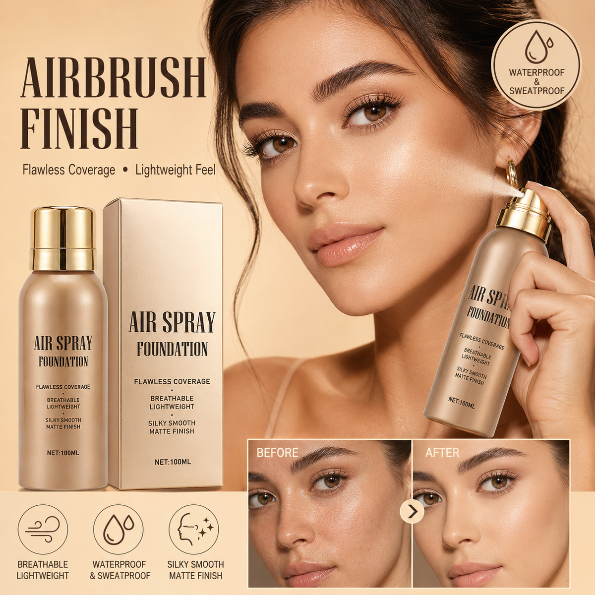 💧 Air-Spray-Foundation – wasserfest, atmungsaktiv & langanhaltend – samtiges Finish, einfach aufgesprüht – für jeden Hauttyp