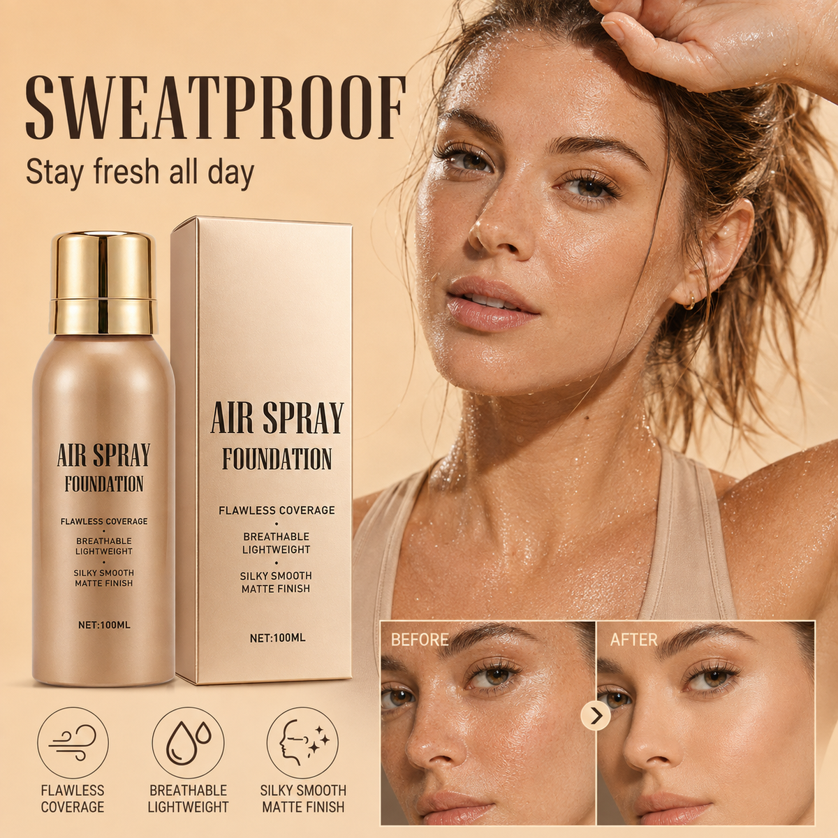 💧 Air-Spray-Foundation – wasserfest, atmungsaktiv & langanhaltend – samtiges Finish, einfach aufgesprüht – für jeden Hauttyp