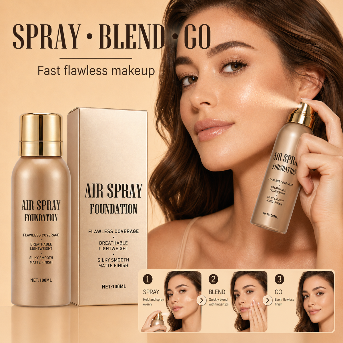 💧 Air-Spray-Foundation – wasserfest, atmungsaktiv & langanhaltend – samtiges Finish, einfach aufgesprüht – für jeden Hauttyp