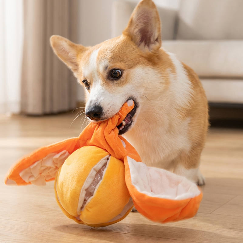 🍊 Neu & Schnüffelspaß! 🐶 Interaktives Schnüffel- & Plüsch-Hundespielzeug in Orangenform – Zwei Teile (Schale + Fruchtfleisch), versteckte Leckerli-Taschen