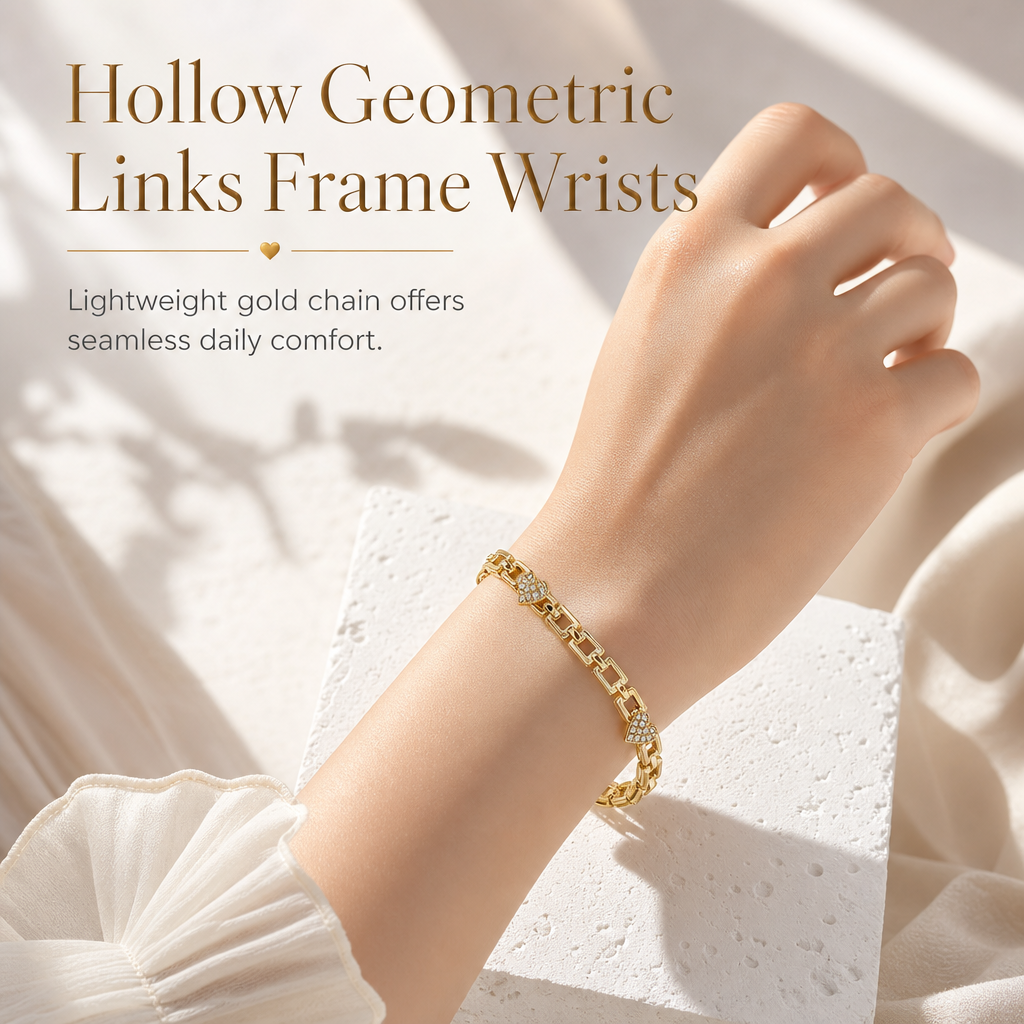 ✨50% RABATT💛Goldfarbenes Armband mit Herz-Strassdetails und geometrischer Gliederkette, schönes Schmuckstück für den Alltag💫
