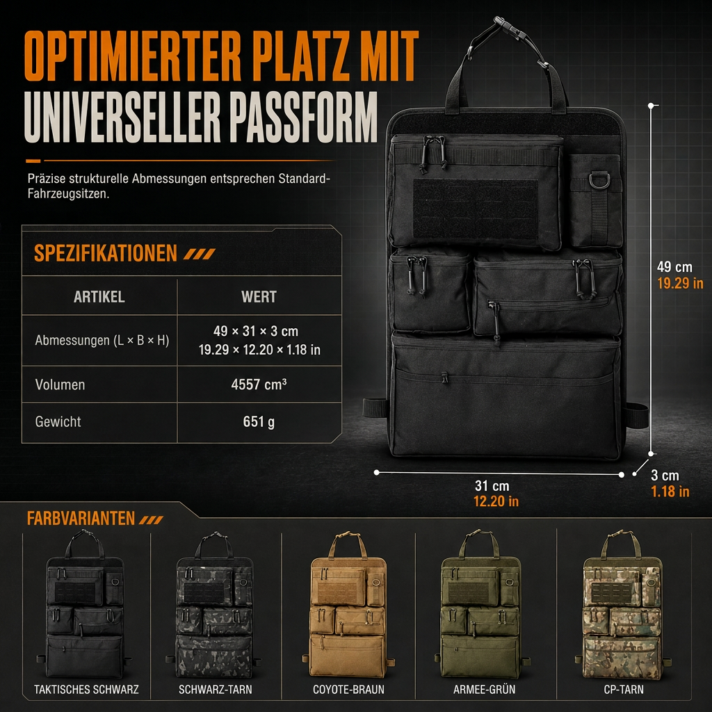 Robuster taktischer Rücksitz-Organizer für Autos aus Nylon, Mehrfachtaschen-Aufbewahrungstasche mit Reißverschluss für SUVs