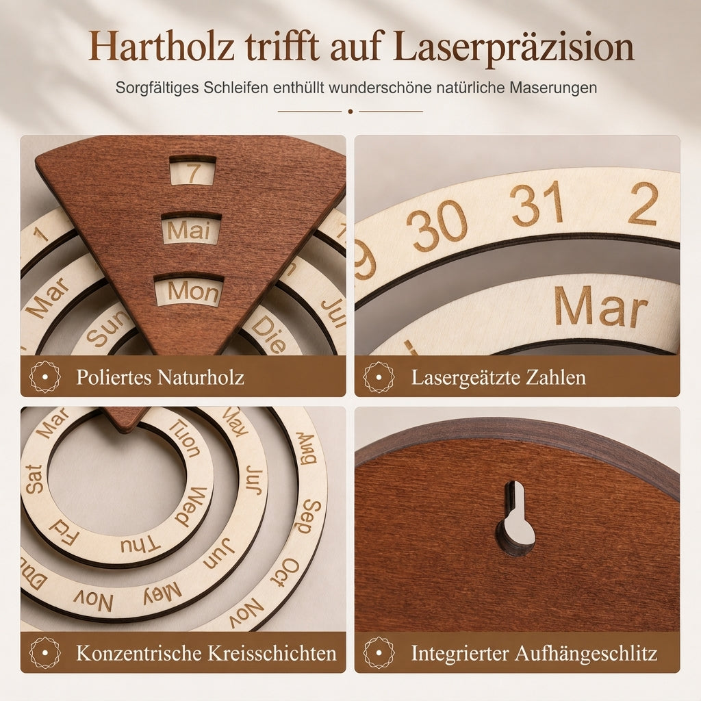 ⏰ Kreisformiger, hölzerner, drehbarer ewiger Kalender als Wanddekoration