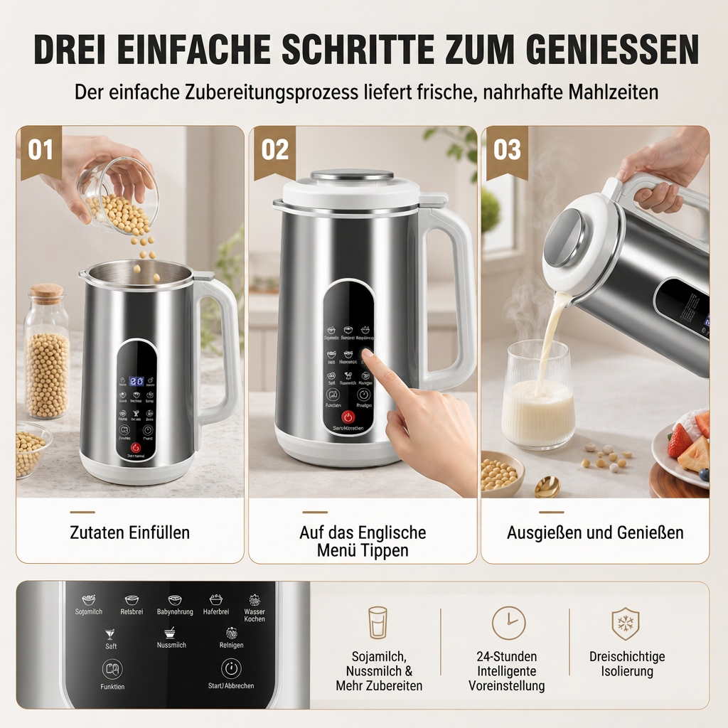 Multifunktionaler 304 Edelstahl Sojamilchbereiter und Hochleistungsmixer mit großer Kapazität, filterfrei, Haushaltsnahrungsprozessor mit intelligenter Zeitschaltuhr