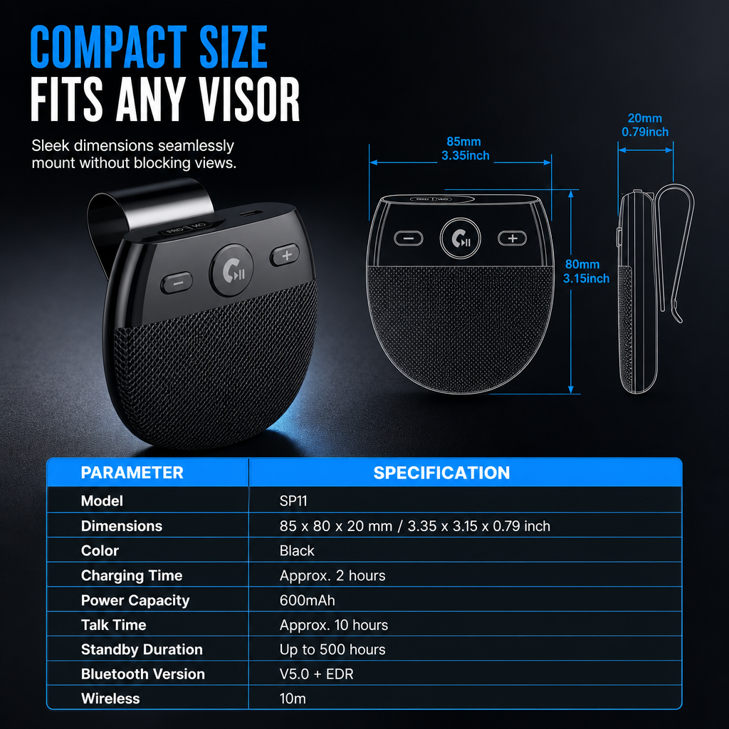 ⏰SP11 Auto-Sonnenblende Bluetooth Freisprecheinrichtung mit vibrationsaktiviertem automatischem Einschalten, A2DP-Unterstützung und Sprachansage der Anrufer-ID