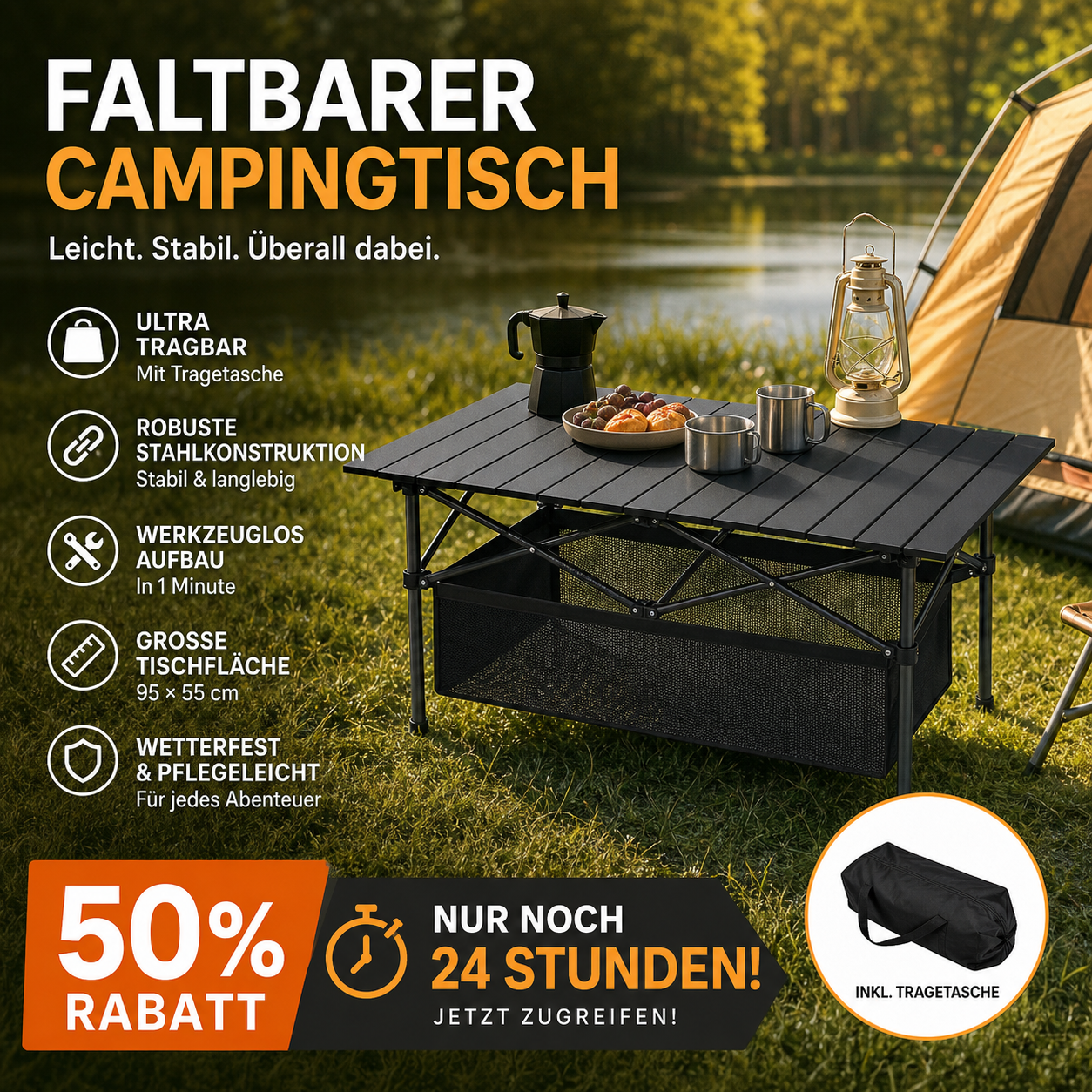 🏕️ 60% RABATT! 🪑 Tragbarer Campingtisch – Klappbar, stabil & schnell aufgebaut – Ideal für Camping, Picknick & Strand ☀️